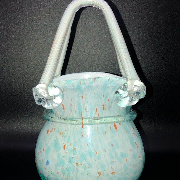 Vintage Block Crystal Art Glass Handbag Mouth Blown Turquoise Blue And Orange - Picture 3 of 8